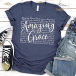 Heather Navy T-Shirt With White "Amazing Grace" Design.