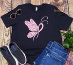 Heather Black Tee with Pink Awareness Ribbon Butterfly.