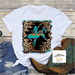 White Tee with Aztec Leopard Cowgirl Design.
