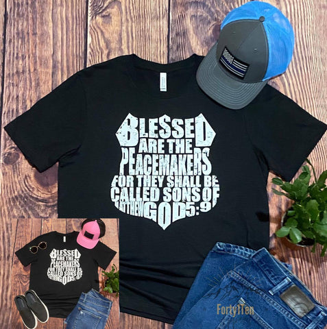 Heather Black T-Shirt with distressed Blessed Are The Peacemakers Design.
