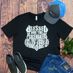 Heather Black T-Shirt with distressed Blessed Are The Peacemakers Design.