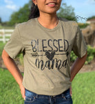 Heather Olive T-Shirt With Black Distressed Blessed Mama Design