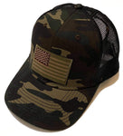 Camo/Black Trucker Cap with Green/Tan/Brown American Flag Patch.