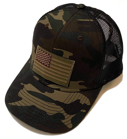 Camo/Black Trucker Cap with Green/Tan/Brown American Flag Patch.