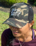 Camo/Black Trucker Cap with white "Hold Up Let Me Drink About It" Design