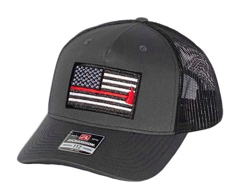 Charcoal/Black Five Panel Trucker Cap with Thin Red Line Axe patch.