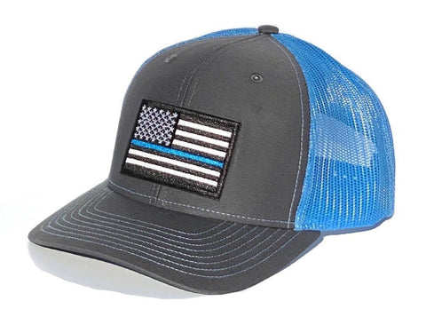 Charcoal/Columbia Blue Trucker Cap with Thin Blue Line Flag.