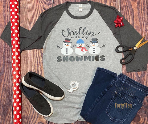 Heather Grey/Heather Charcoal Raglan Tee with "Chillin With My Snowmies" Design.