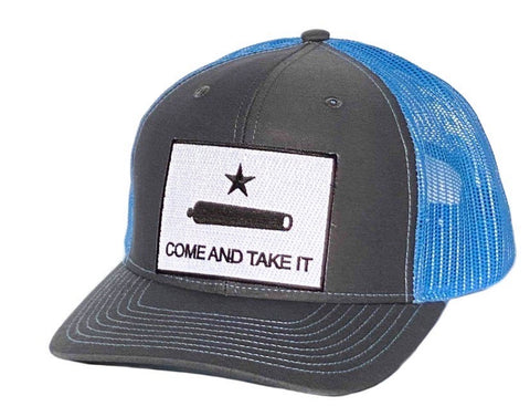 Charcoal/Columbia Blue Trucker Cap with " COME AND TAKE IT" Patch design.