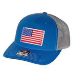 Cobalt Blue and Grey Trucker Cap with American Flag Patch.