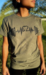 Military Green Tee with Black Curl Bar Heart Design.
