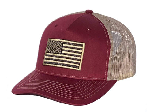 Cardinal/Tan Richardson 112 Five Panel Cap with Black/Tan American Flag Embroidered Patch.