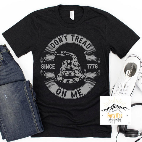 Heather Black Tee with "Don't Tread On Me Since 1776" Design.