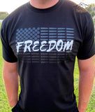 Black Tee with Black Bullet American Flag and White Freedom Word Design.