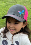 Youth Dark Grey/Neon Pink with Reflective Butterfly Trucker Cap.