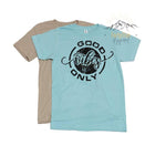 Heather Purist Blue and Heather Tan T-Shirt with Black Distressed "Good Vibes Only' Design.
