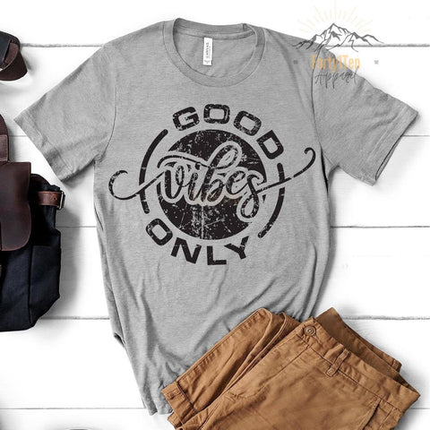 Athletic Heather Grey T-Shirt with Black Distressed "Good Vibes Only" Design.