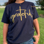Navy Blue adult Tee with "Grateful" design in Gold
