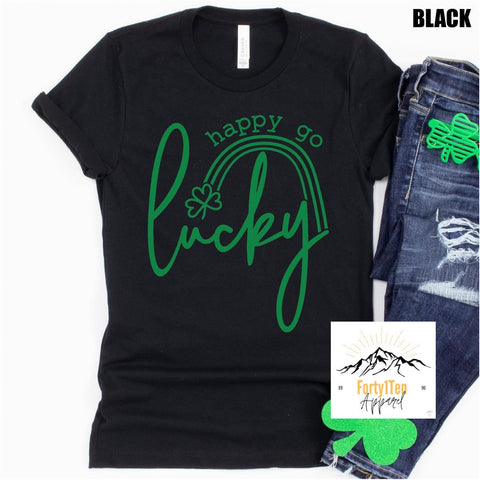 Heather Black Tee with green "Happy Go Lucky" design.