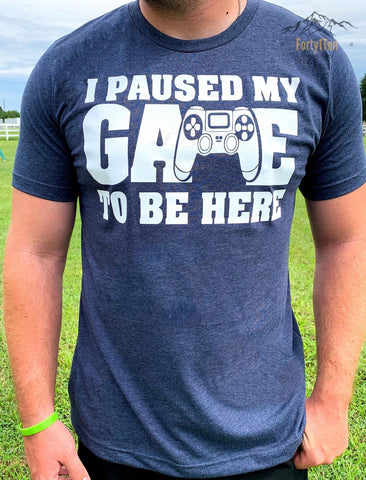 Heather Navy T-Shirt With White "I Paused My Game To Be Here" Design.