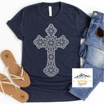 Heather Navy Tee with Lace Cross Design.