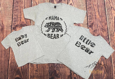 Athletic Heather Grey T-Shirts with Black Mama Bear, Distressed Black Little Bear, & Distressed Black  Baby Bear Design.