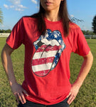 Heather Red Tee with Distressed American Flag Tongue Design.