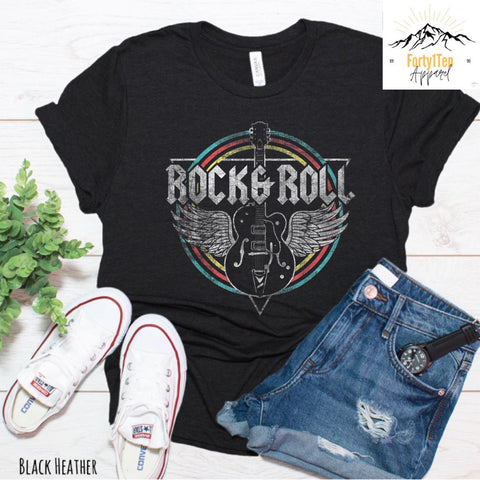 Heather Black Tee with Distressed "Rock & Roll" Design.