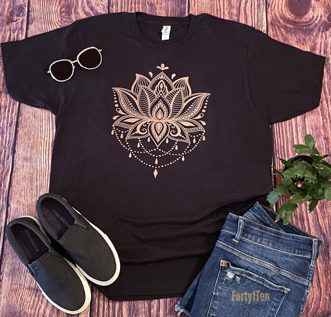 Coal Tee with Rose Gold Lotus Flower Design.