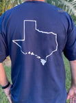 Navy Tee Back with White Texas Hawaii Design.