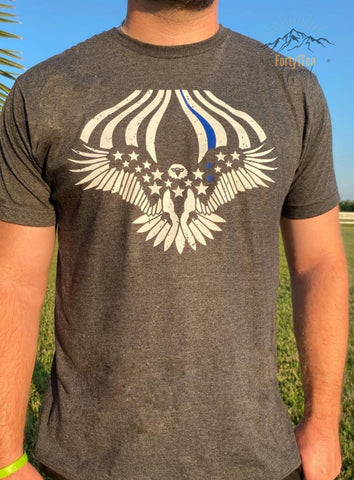 Heather Graphite Grey T-Shirt with Distressed Thin Blue Line Eagle Design.