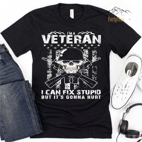 Heather Black T-Shirt with white distressed I'm A Veteran I Can Fix Stupid But It's Gonna Hurt Design