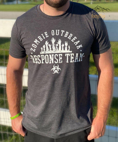 Heather Dark Grey T-Shirt with Distressed white Zombie Outbreak Response Team Design.